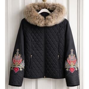 M. Miller Quilted Puffer Jacket Fur Trim Embroidered Sleeves Size Large
